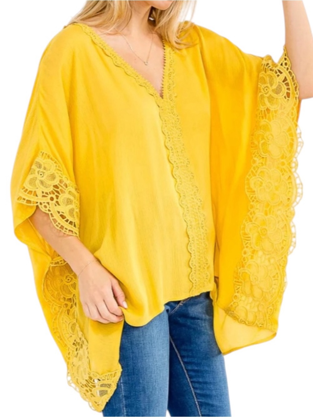 Rayon Lace Trim Tunic Top in Golden